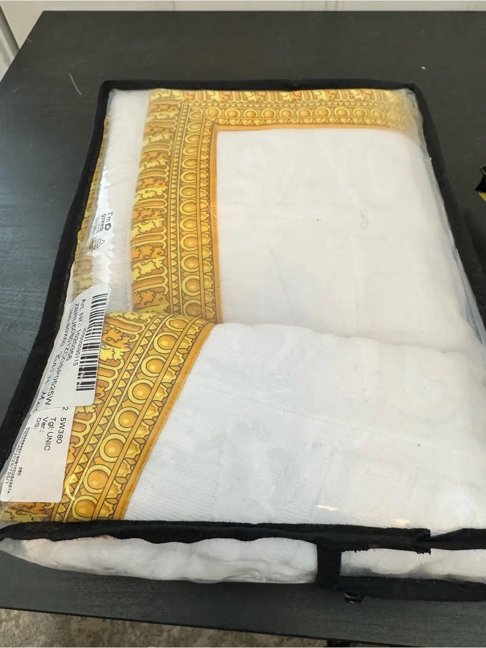 Versace Bath Mat White Terry Cloth Gold Yellow Border Logo NEW